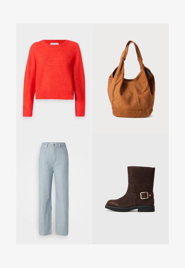 Rdeča, skrajšana pulover z dolgimi rokavi, izdelan iz mehkega materiala. Okrogla izbira vratu, dolgi rokavi in rebrast spodnji del. Rahlo teksturirana površina.; Svijetloplave traperice ravnog kroja. Imaju pet džepova, metalno kopčanje na dugme i suptilno izbjeljivanje za teksturu.; Rjavi semiš gležnjača s zaobljenim nosom, ravnim črnim podplatom in zlatim zaponko na strani. Gladka tekstura in preprost dizajn.; Rjava semiš torba za ramo z mehkobo, ukrivljeno obliko in dvema ročajema. Ima minimalen dizajn brez vidnih kovinskih delov ali okrasnih elementov.