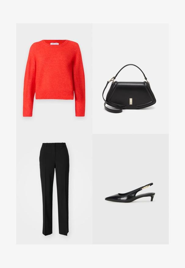 Rode, cropped trui gemaakt van zacht materiaal. Ronde halslijn, lange mouwen en geribbelde zoomafwerking. Lichtjes gestructureerd oppervlak.; Zwarte op maat gemaakte broek met een recht model, voorzien van een soepele textuur en scherpe plooien aan de voorkant. Geen zichtbare hardware.; Zwarte leren slingback hakken met een spitse neus, voorzien van een slanke hak en een goudkleurige accent op de verstelbare band. Gladde textuur.; Zwarte leren handtas met een gestructureerd ontwerp, featuring een verkorte vorm, bovenhandvat en gouden hardwareaccent. Inclusief verstelbare schouderband.