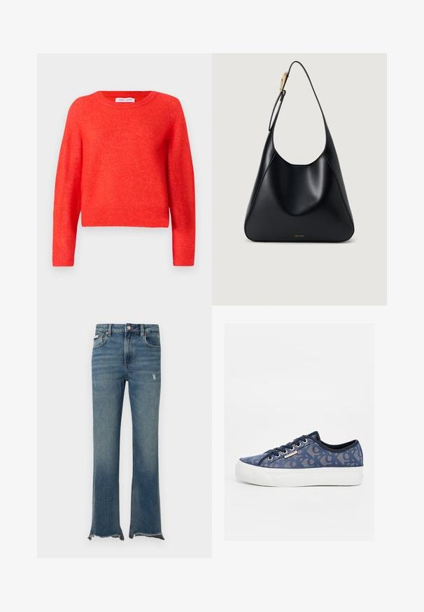 Pull rouge, court, en matière douce. Encolure ronde, manches longues et détails côtelés au niveau de l'ourlet. Surface légèrement texturée.; Jean en denim bleu avec légère usure, ourlets bruts effilochés, poches avant, passants pour ceinture et fermeture par bouton.; Baskets en toile bleu marine avec un design à motifs, semelle en caoutchouc blanche et lacets noirs. Présente un petit logo sur le côté.; Sac à épaule en cuir noir avec une texture lisse, une silhouette incurvée et un accent en métal doré. Présente un logo de marque en relief à la base.