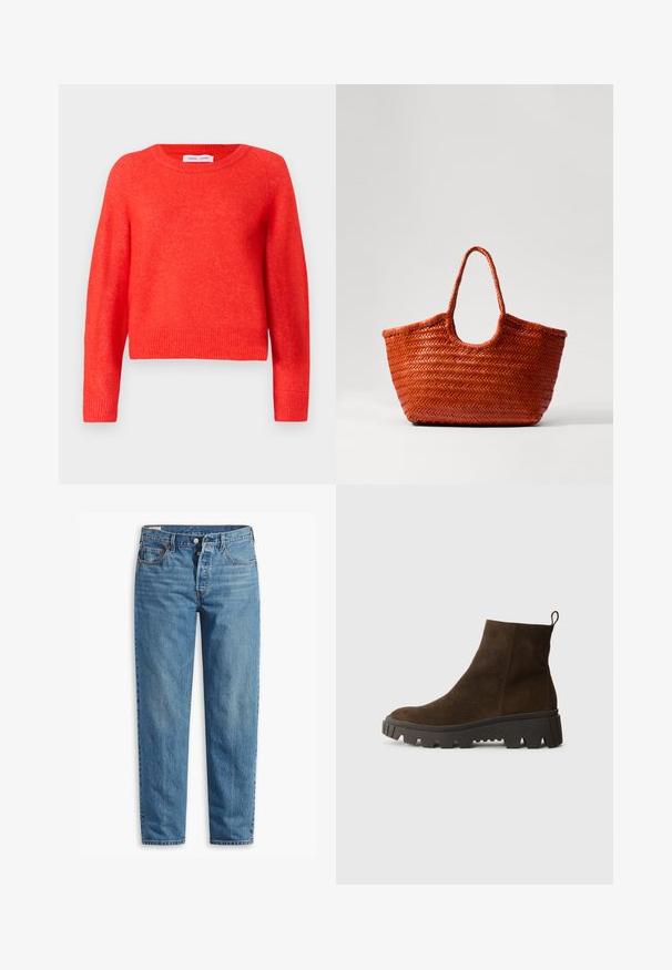 Red, cropped sweater made of soft material. Round neckline, long sleeves, and ribbed hem detailing. Slightly textured surface.; Blue denim jeans with a straight-leg fit, featuring a zip fly, two front pockets, and subtle fading throughout the fabric.; Brown suede ankle boot with a chunky black rubber sole, featuring a slight heel and a pull tab at the back for easy wear.; DRAGON DIFFUSION NANTUCKET BASKET BIG - Handbag - naranja