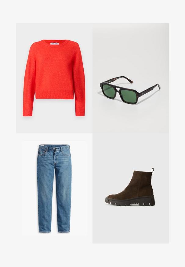 Roter, taillierter Pullover aus weichem Material. Rundhalsausschnitt, lange Ärmel und gerippte Saumdetails. Leicht strukturierte Oberfläche.; Blaue Jeans aus Denim mit geradem Schnitt, ausgestattet mit einem Reißverschluss, zwei vorderen Taschen und subtilen Verfärbungen im gesamten Stoff.; Braune Wildleder-Ankle-Boots mit einer stabilen schwarzen Gummisohle, leichtem Absatz und einer Schlaufe auf der Rückseite für einfaches Anziehen.; Schildpatt quadratische Sonnenbrille mit grünen Gläsern, die einen dicken Rahmen und subtile, strukturierte Details entlang der Bügel aufweist.; DRAGON DIFFUSION NANTUCKET BASKET BIG - Handtasche - naranja