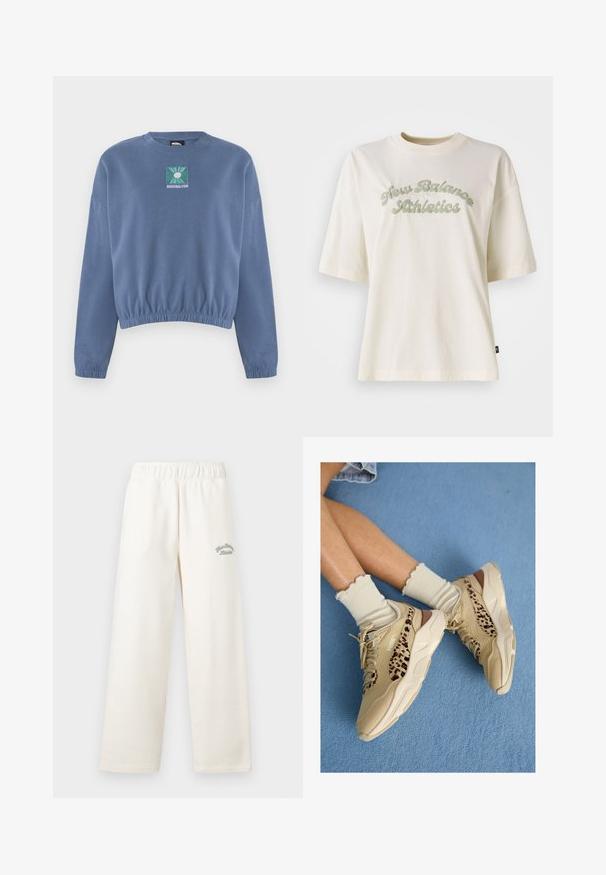 Lyseblå hettegenser med rund hals, rynket nederkant og lange ermer. Har en firkantet brodert logo med grønt og hvitt design.; Kremfarget bomull T-skjorte med korte ermer, med en buet grønn tekstgrafikk som leser "New Balance Athletics."; Cremefargede vide bukser laget av mykt materiale med elastisk midje. Har subtilt grønt broderi på framsiden.; Beina krysset iført beige Puma-sneakers med leopardmønstrede striper og kremfargede sokker med volanger på et blått teppebelagt gulv.