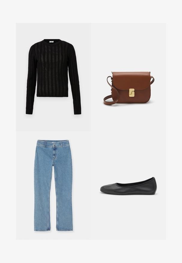 Zwarte gebreide trui met een textured streepjespatroon, ronde halslijn, lange mouwen en geribbelde manchetten en onderkant.; Witte korte mouwen t-shirt van ribstof. Ronde halslijn, normale pasvorm en subtiele stiksels. Geen patronen of grafische elementen.; Lichtblauwe recht gesneden denim jeans met knoop- en ritssluiting, riemlussen en standaard stiksel op een witte achtergrond.; Zwarte leren ballerina met een ronde neus, gladde textuur, minimale stikdetails en een flexibele zoolontwerp.; Bruine leren handtas met een klep sluiting, gouden hardware, een schouderband en een gladde textuur. Compact rechthoekige vorm.
