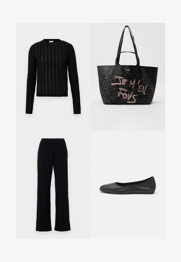 Schwarzer Strickpullover mit einem strukturierten Streifenmuster, rundem Halsausschnitt, langen Ärmeln sowie gerippten Bündchen und Saum.; Schwarze, leichte, elastische Hose mit geradem Bein. Weicher Stoff ohne sichtbare Muster oder Akzente. Schlichter und vielseitiger Stil.; Schwarze Leder-Ballettschuhe mit abgerundeter Spitze, glatter Textur, minimalen Nähdetails und einem flexiblen Sohlen-Design.; Schwarze Tote-Bag aus strukturiertem Material mit Rautenmuster, Schulterriemen und auffälligem roten und weißen Text "JE M'EN FOUS."