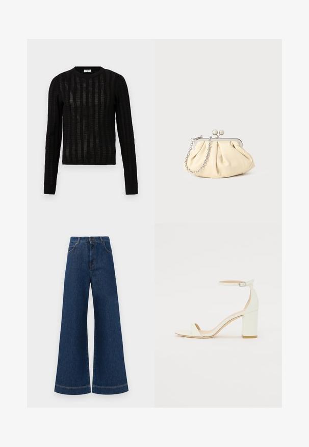 Juodas megztinis su tekstūruota juostele, apvaliu iškirpimu, ilgomis rankovėmis ir raukšlėtais rankogaliais bei apatine dalimi.; Plati mėlynos džinsinės kelnės su aukštu liemeniu, turinčios mygtukų užsegimą, diržo kilpas ir subtilius siuvinėjimo akcentus ant kišenių bei apdailos.; Baltos odos blokinio kulno sandalai, su kulkšnies dirželiu ir sagtimi, minimalistinio dizaino. Atvira pirštų dalis ir sklandžios tekstūros visoje. ; Plyšiniai smėlio spalvos odiniai rankinukai su sidabriniu metaliniu rėmu, turintys du apvalius dekoratyvinius užtrauktukus ir sidabrinę grandinėlę.