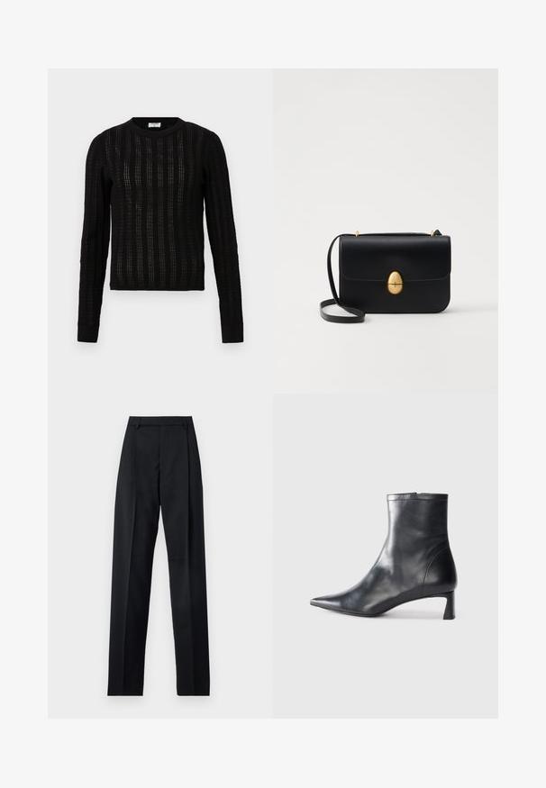 Maglione nero lavorato a maglia con un motivo a righe testurizzato, scollatura rotonda, maniche lunghe e polsini e orlo a coste.; Pantaloni neri realizzati in tessuto morbido, caratterizzati da vita alta, gambe larghe, pince frontali e classiche passanti per cintura. Non ci sono tasche laterali visibili.; Stivaletto in pelle nera con punta affusolata e design elegante. Presenta un tacco basso e una chiusura con zip sul retro. Texture liscia.; Borsa a tracolla in pelle nera con forma rettangolare strutturata. Presenta una chiusura ovale dorata e una sottile tracolla. Texture liscia.