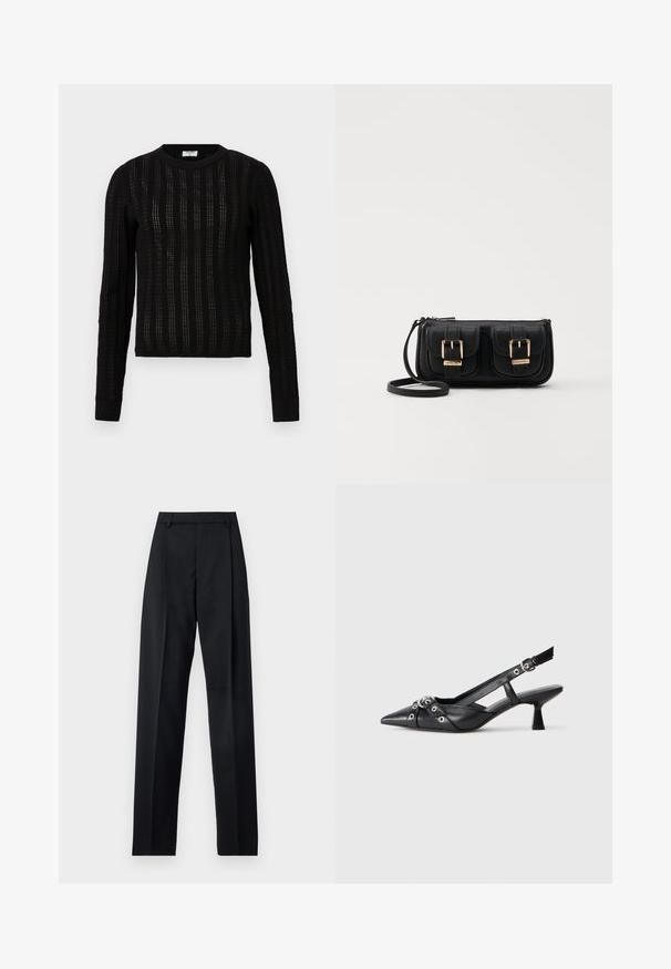 Maglione nero lavorato a maglia con un motivo a righe testurizzato, scollatura rotonda, maniche lunghe e polsini e orlo a coste.; Pantaloni neri realizzati in tessuto morbido, caratterizzati da vita alta, gambe larghe, pince frontali e classiche passanti per cintura. Non ci sono tasche laterali visibili.; Scarpa slingback nera in pelle con punta affusolata, cinturini decorativi con occhielli metallici e tacco basso a blocco. Superficie testurizzata.; Borsa a tracolla nera in pelle con due tasche frontali, fibbie dorate, chiusura con zip e una tracolla sottile. Superficie texturizzata e forma rettangolare compatta.