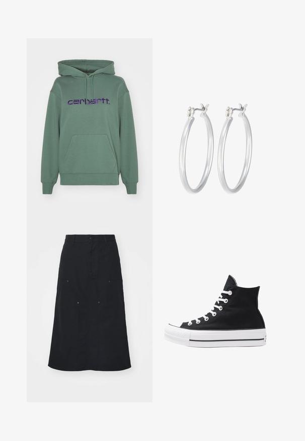 Pullover vert en tissu doux, doté d'une poche avant et d'un grand logo "Carhartt." brodé en violet sur la poitrine.; Jupe noire en coton, avec une fermeture à boutons sur le devant, deux grandes poches et une silhouette droite. Texture lisse.; Baskets montantes noires en toile avec œillets, lacets et semelle en caoutchouc blancs. Présentent un orteil texturé et des accents rayés noir et blanc.; Boucles d'oreilles en argent avec une finition lisse et polie. Forme ronde et fermeture à clip sécurisée. Design léger adapté pour un port quotidien.