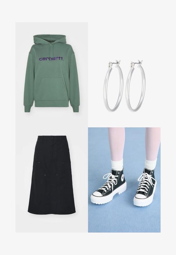 Grüner Pullover-Hoodie aus weichem Stoff mit einer Fronttasche und großem, lila gesticktem "Carhartt."-Logo auf der Brust.; Schwarzer Rock aus Baumwolle, mit einer Vorderknopfleiste, zwei großen Taschen und einer geraden Silhouette. Sanfte Textur.; Schwarze High-Top-Sneaker mit weißen Sohlen und Schnürsenkeln, die auf der Seite ein rundes Logo und kontrastierende schwarze Nähte aufweisen. Obermaterial aus strukturiertem Stoff.; Silberne Creolen mit einer glatten, polierten Oberfläche. Runder Form und sicherem Klickverschluss. Leichtes Design, geeignet für den täglichen Gebrauch.