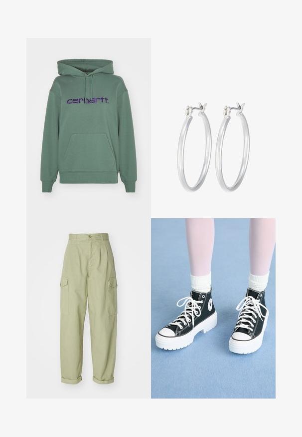 Zeleni pulover s kapuljačom izrađen od mekanog materijala ima prednji džep i veliki ljubičasti vezeni logo "carhartt." preko prsiju.; Svijetlozelene cargo hlače od pamučne tkanine. Imaju visok struk, uvijene manžete i dva bočna cargo džepa za dodatnu praktičnost.; Crne visoke tenisice s bijelim potplatima i vezicama, s kružnim logotipom sa strane i kontrastnim crnim šavovima. Gornji dio od teksturiranog materijala.; Srebrne kružne naušnice s glatkom, poliranom površinom. Okrugli oblik i sigurno kopčanje na klik. Lagani dizajn pogodan za svakodnevno nošenje.