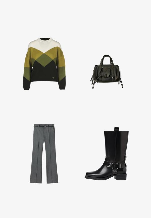 Pullover mit geometrischem Muster in Dunkelgrün, Hellgrün, Weiß und Schwarz. Verfügt über einen Rundhalsausschnitt und gerippte Bündchen. Aus weichem Strickmaterial.; Graue maßgeschneiderte Hose mit geradem Beinschnitt, leichtem Stoff, Gürtelschlaufen und einem schmalen Gürtel mit einer silbernen Schnalle.; Schwarze Lederstiefel bis zum Knie mit spitzer Zehenform, silbernen Schnallenakzenten und einem klobigen Absatz. Verfügt über eine Zuglasche für einfaches Anziehen.; Schwarze Lederhandtasche mit geflochtenen Griffen, Reißverschlussfach und hängenden Quasten. Strukturiert Oberfläche mit Metallnieten und Hardware-Akzenten.