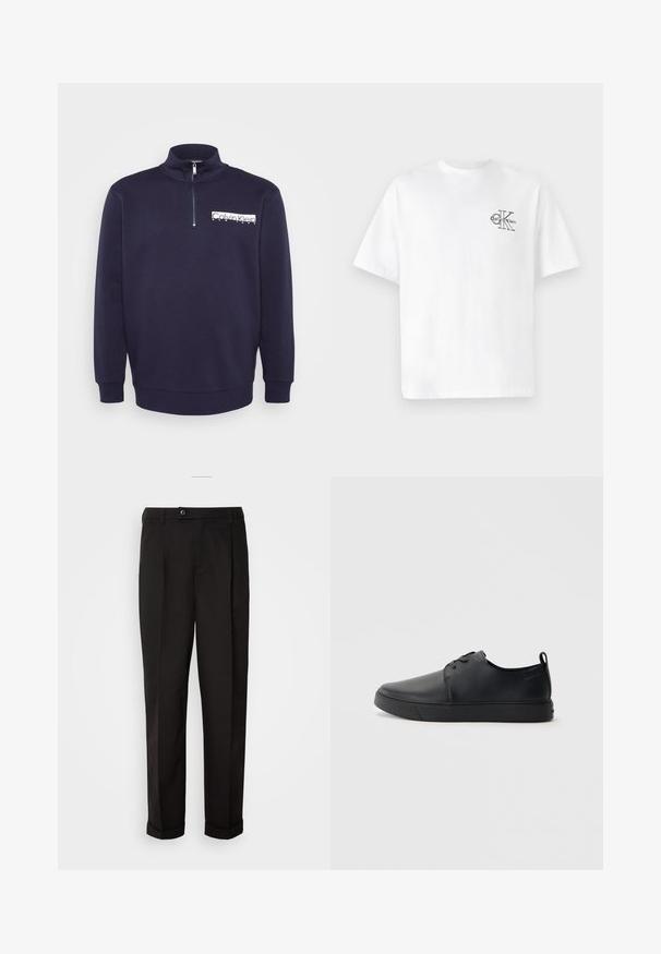 Σκούρο μπλε φούτερ με φερμουάρ και ψηλό γιακά, χαρακτηρισμένο με λευκό λογότυπο στην αριστερή πλευρά του στήθους και ραμμένα μανίκια και τελείωμα. Μαλακή υφή υφάσματος.; Λευκό βαμβακερό μπλουζάκι με κοντά μανίκια, στρογγυλή λαιμόκοψη, με μαύρο λογότυπο CK στην αριστερή πλευρά του στήθους, κανονική εφαρμογή, απαλό υλικό.; Μαύρο παντελόνι με λεία υφή, με ίσια γραμμή, δύο μπροστινές τσέπες και κλείσιμο με ένα μόνο κουμπί στη μέση.; Μαύρο δερμάτινο αθλητικό παπούτσι με λεία επιφάνεια, στρογγυλή μύτη, τονικό ράψιμο, κορδόνια μπροστά και επίπεδη καουτσούκ σόλα. Βρόχος στην πτέρνα.