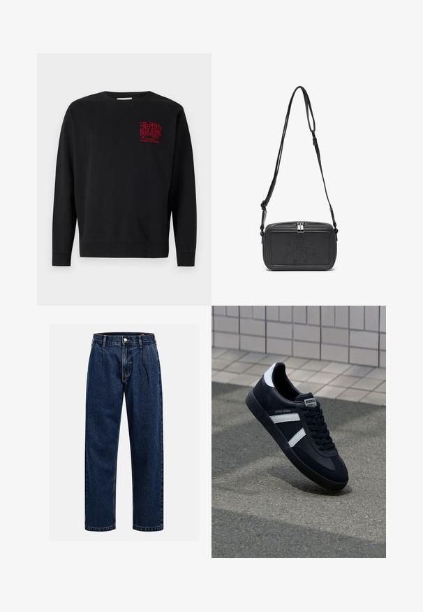 Svart sweatshirt med långa ärmar, rund halsringning, ribbade mudd och nederkant. Har röd logotext på bröstet. Tillverkad av mjukt tyg.; Mörkblå denimjeans med rak bendesign. Har synliga sömmar, knappstängning och framträdande veck för extra detalj.; Svart lädersneaker med vita ränder, texturerad gummisul, och snörning fram. Har en märkesskylt på tungan.; Svart läder crossbody-väska med dragkedjestängning, präglad logga på framsidan och justerbar rem. Slät textur med rektangulär form.