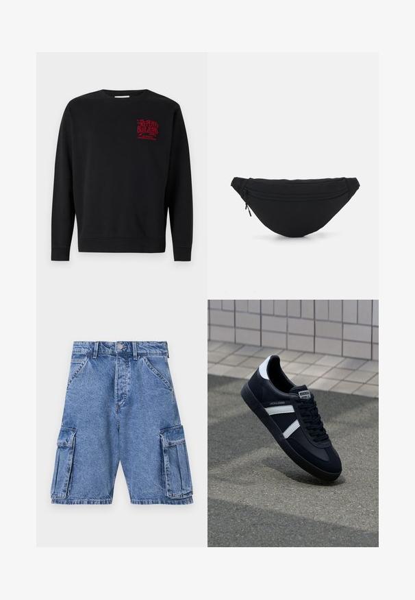 Zwarte sweatshirt met lange mouwen, ronde halsontwerp, ribgebreide manchetten en onderrand. Voorzien van rode logo-tekst op de borst. Gemaakt van zachte stof.; Blauwe denim cargoshorts met een hoge taille, meerdere cargozakken aan de zijkanten en een klassieke vijf-pocket stijl. Stonewashed textuur.; Zwarte leren sneaker met witte strepen, een gestructureerde rubberen zool en vetersluiting aan de voorkant. Voorzien van een merklabel op de tong.; Zwarte stof heuptas met een afgeronde vorm, voorzak met rits en een gladde textuur. Geen zichtbare patronen of accenten. Lichtgewicht ontwerp.