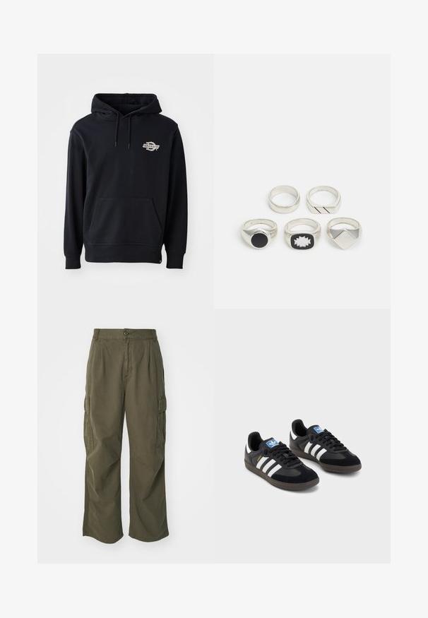 Μαύρη κουκούλα με μπροστινή τσέπη καγκουρό, κουκούλα με κορδόνι και μικρό κεντημένο λογότυπο στο αριστερό στήθος. Μαλακό ύφασμα, άνετη εφαρμογή.; Cargo παντελόνια σε ελιά πράσινο χρώμα, φτιαγμένα από βαμβάκι, με σχέδιο φαρδιάς εφαρμογής, πτυχές και πλαϊνές τσέπες για πρακτικότητα.; Μαύρα αθλητικά παπούτσια με επάνω μέρος από σουέτ και συνθετικό υλικό, με τρεις λευκές ρίγες, υφασμάτινη σόλα από καουτσούκ και μπλε ταυτότητα λογότυπου στη γλώσσα.; Πέντε ασημένιες βέρες: μία με μια μαύρη κυκλική λεπτομέρεια, μία με ένα γεωμετρικό σχέδιο σε λευκό και μαύρο, και άλλες με διάφορα σχήματα και φινιρίσματα.