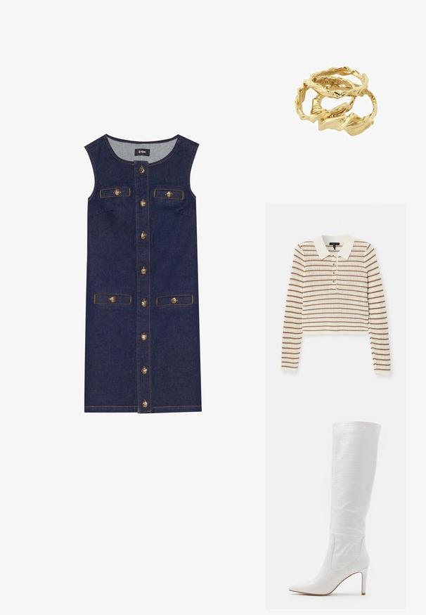 rag & bone VIOLA STRIPE  - Maglione - ivory; Abito in denim senza maniche, di colore blu scuro, con chiusura anteriore a bottoni e due tasche. Dettagli dei bottoni in tono oro e cuciture in evidenza.; RAID TRIBUTE - Stivali con i tacchi - white; Anelli intrecciati in oro tono, sovrapposti insieme, caratterizzati da un design testurizzato con bordi lisci e curvi, creando un aspetto organico e fluido.