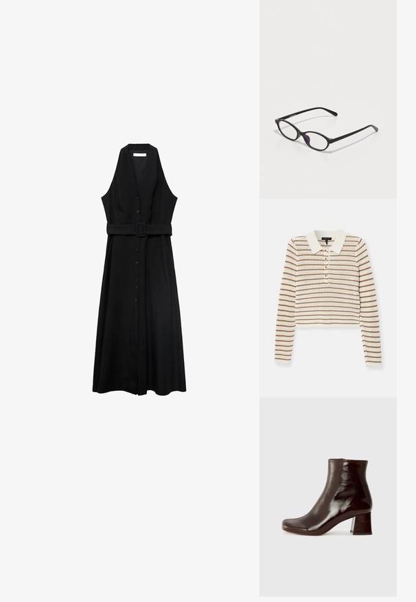 rag & bone VIOLA STRIPE - Pullover - ivory; Chandail à col roulé crème à manches longues, fabriqué en tissu doux, avec un col ajusté et un design simple comportant des manches longues et un ourlet droit.; Robe sans manches noire avec une ceinture, dotée d'un devant boutonnière et d'une jupe fluide, fabriquée en tissu lisse avec un design minimaliste.; Chie Mihara MUKI - Bottines compensées - sucre choco; Lunettes en plastique noir avec une forme ovale, dotées de verres transparents et d'un accent violet sur le verre gauche. Design élégant et minimal.