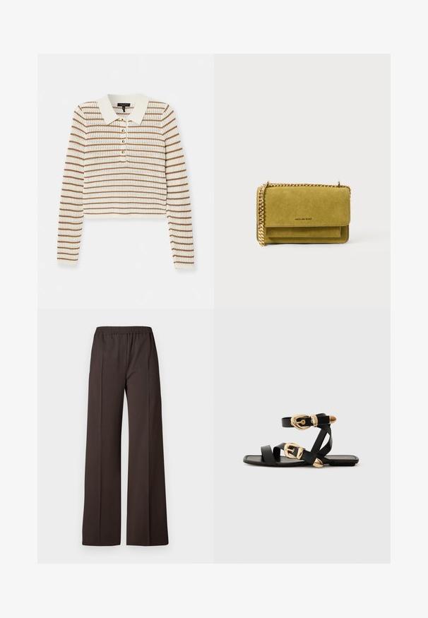 rag & bone VIOLA STRIPE - Pullover - ivory; Pantalons à jambe large en tissu brun foncé avec une taille élastique, présentant une texture lisse et des lignes épurées pour un look soigné.; Sandales en cuir noir avec des accents de boucles dorées, présentant plusieurs brides et un design de semelle plate pour un port ouvert.; Sac à main en daim vert olive avec une bandoulière en chaîne dorée, de forme rectangulaire, fermeture à rabat et logo de la marque embossé à l'avant.