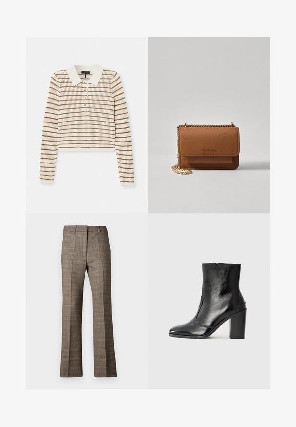 rag & bone VIOLA STRIPE - Jumper - ivory; Brown plaid trousers with a straight leg cut, featuring a textured fabric and subtle colors of beige and darker browns throughout the pattern.; Black leather ankle boot with a smooth texture, pointed toe, and a chunky high heel. Features a side opening and minimalistic design.; Brown textured leather crossbody bag with gold chain strap and flap closure. Front features logo detail and a pocket under the flap.