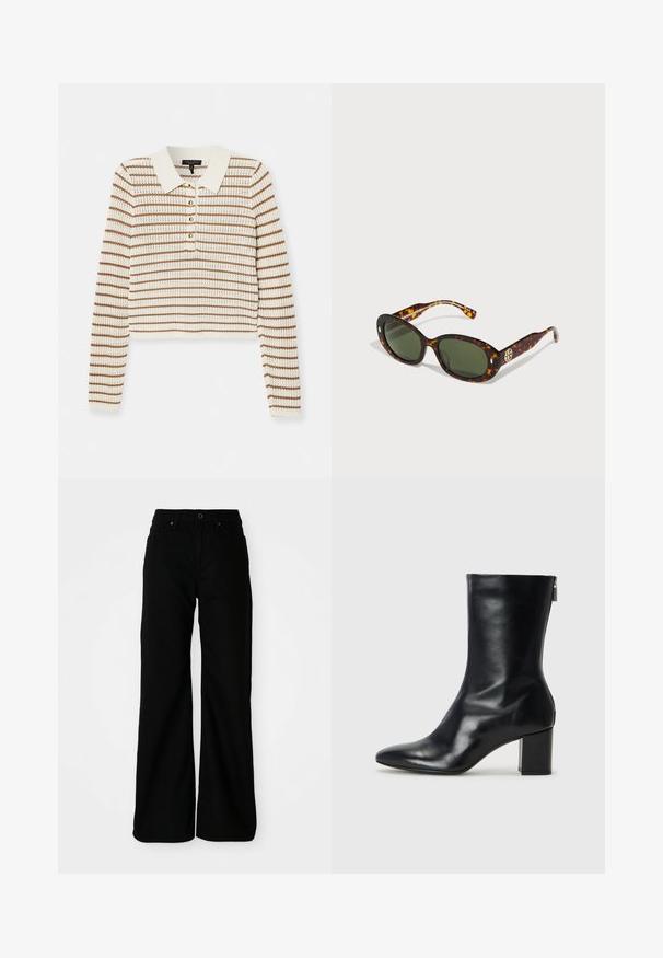 rag & bone VIOLA STRIPE  - Džemper - ivory; Mustad laiade säärega püksid, mis on valmistatud denimpallist. Omavad istuvat vööd, eesolevaid taskuid ja nööp sulgemist. Sile tekstuur minimaalse detailide arvuga.; Must musta ankle boot teravaid varvastega ja 4 cm plokknõela. Suurepärase disainiga, millel on külgrihm lihtsaks läbi panemiseks. Sile tekstuur.; Kilpkonnakilbi stiilis prillid roheliste läätsedega, ovaalse kujuga, kuldse logo riistvaraga küljel ja siledat läikivat viimistlust.
