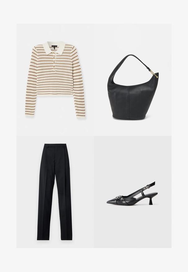 rag & bone VIOLA STRIPE - Džemper - ivory; Mustad püksid siledast kangast, millel on kõrge vöökoht, laiad jalad, esimesed kortsud ja klassikalised vööloopid. Küljepockets pole nähtavad.; Must must have must toote tõmblukuga, dekoratiivsed rihmad metallist silmadega ja madal blokk-kand. Tekstureeritud pind.; Musthave musta nahast käekott ümarate servadega, laia rihmaga ja tekstureeritud pinnaga. Omab peenelt õmblust detailina ning kullatooni aksessuaare.