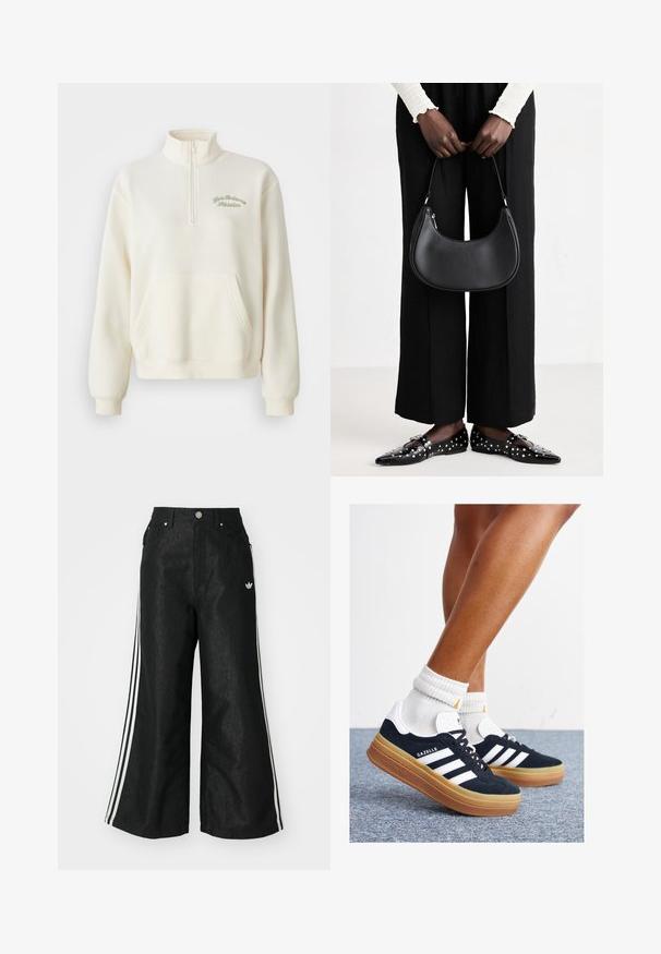 Sweatshirt de lã branca com gola alta, fecho de meio zíper, bolso frontal e texto bordado em verde "New Balance Athletics." Textura suave.; Calças de denim largas pretas com três riscas brancas em cada lado e um pequeno logótipo branco. Apresenta bolsos frontais e um fecho de botão.; Ténis de camurça preta com riscas e detalhes brancos, biqueira arredondada, sola em borracha cor de goma, combinados com meias brancas caneladas até à altura do tornozelo.; Bolsa de ombro de couro preta com forma arredondada, acabamento brilhante e ferragens prateadas. Pessoa vestindo calças largas pretas e mocassins com tachas.