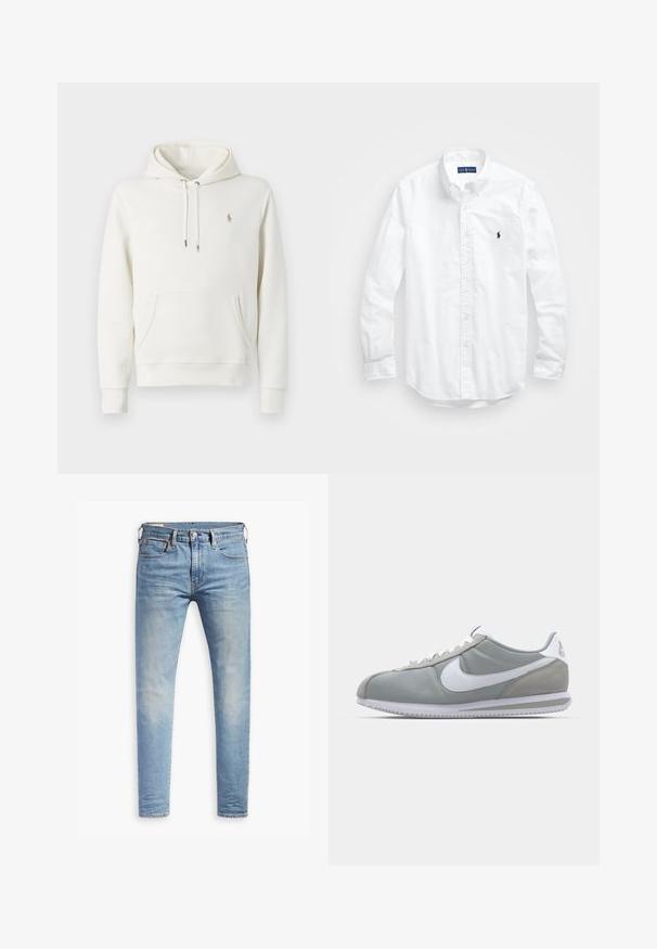 Sweatshirt de algodão branco com bolso canguru, capuz ajustável com cordão, punhos canelados e um pequeno logo bordado no peito.; Camisa de botões de manga longa branca em algodão. Apresenta um colarinho clássico, punhos com botão e um pequeno logótipo bordado em azul-marinho no peito.; Jeans slim fit em azul claro com leve desbotamento nas coxas, fecho frontal por botão, passantes para cinto e estilo de cinco bolsos sobre um fundo branco.; Sapatilha atlética cinza com um cabedal em camurça e têxtil, símbolo Nike branco e atacadores brancos. Apresenta uma sola de borracha texturizada e colarinho acolchoado.