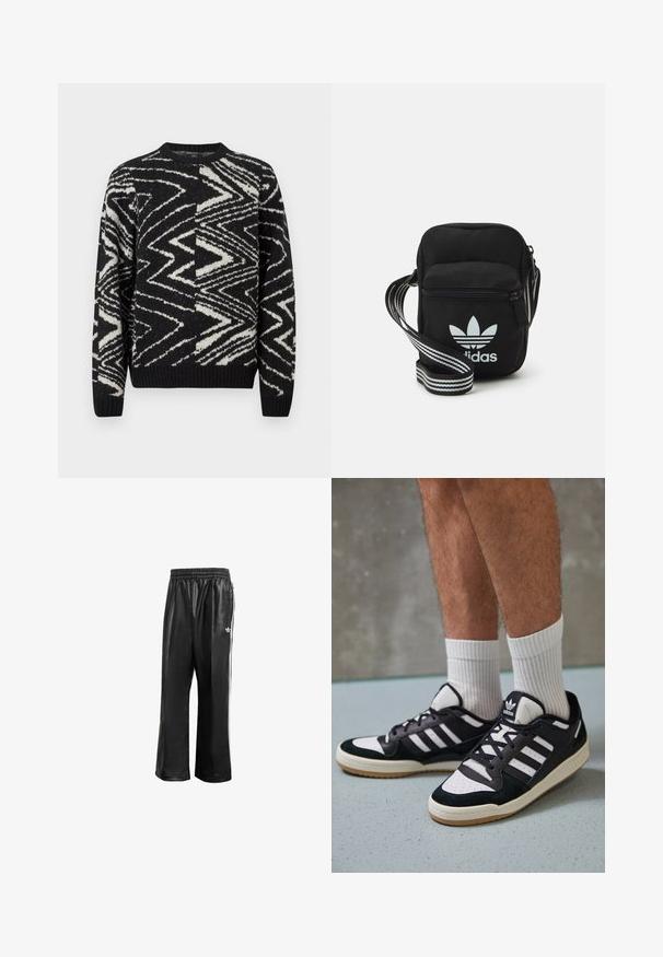 Pulover tricotat alb-negru cu modele abstracte în zig-zag și geometrice, guler rotund, mâneci lungi și manșete și tiv ribbate.; Pantaloni de trening sintetici negri cu talie elastică, având dungi albe pe laturi și un mic logo alb pe şoldul stâng.; Adidași negri și albi cu un superior din suede și piele, prevăzuți cu trei dungi albe, un vârf perforat și o talpă din cauciuc caramel.; Geantă de umăr din material textil negru, cu închidere cu fermoar, având un logo Adidas alb și o curea ajustabilă cu dungi pentru o transportare ușoară.