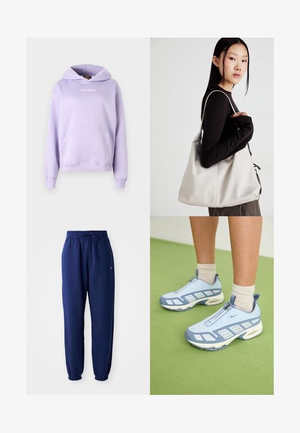 Gaiši violets kapucis ar priekšējo kabatu, aukliņu kapuci un tekstu "STUDIO EDITION". Izgatavots no mīksta auduma ar ribotām aprocēm un apakšmalu.; Navy zila sporta bikses, izgatavotas no mīksta auduma, ar elastīgu jostu ar auklu, elastīgiem piedurknēm un mazu balto logo.; Gaiši zili sporta apavi ar baltajiem akcentiem, teksturētām paneļiem un ar rāvējslēdzēja aizdari. Raksturīga redzama gaisa amortizācijas zole un gumijas zole.; Bežs rokassoma, izgatavota no mīksta materiāla, ar brīvu dizainu, izšūtu apdari un divām plecu siksnām. Piemērota ikdienas lietošanai.