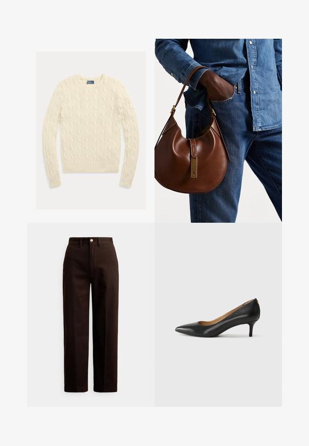 Polo Ralph Lauren ANCHOR-MOTIF CABLE COTTON SWEATER - Striktrøje - authentic cream; Mørkebrune bukser med lige ben, knap- og lynlåslukning, bæltestropper og forlommer mod en hvid baggrund.; Sorte læderpumper med spids tå, lav hæl og en glat tekstur. Har en let åbning foran og minimal hardware bagpå.; Brun læder hobo taske med en afrundet form, der har et guldhardware-element og kontraststing. Sammen med en denimskjorte og jeans.