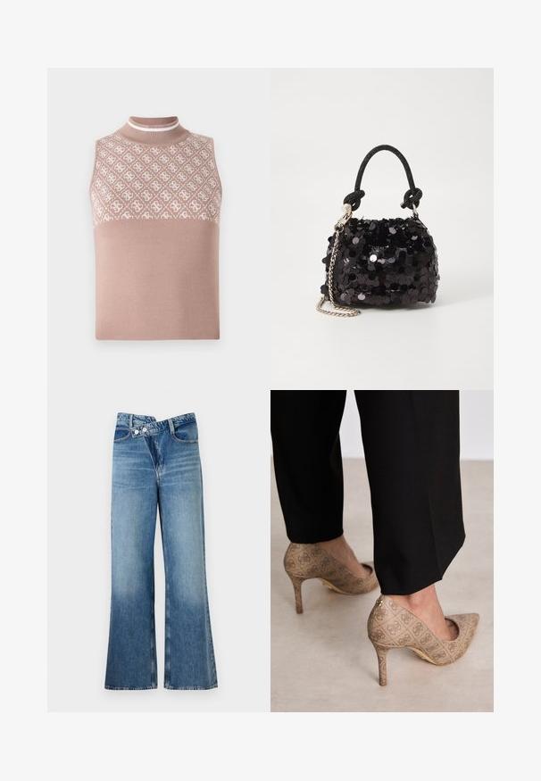 Bezrękawowy sweter w jasnym beżu z teksturowaną, wzorzystą górną częścią i dopasowanym, półwysokim kołnierzem. Posiada gładką, jednolitą dolną część.; Jasnoniebieskie dżinsy o fasonie dzwonów z wysokim stanem, z dwiema guzikami i kieszeniami z przodu. Materiał ma wyblakłą fakturę z subtelnymi odcieniami.; Beżowe szpilki z teksturowanej tkaniny z powtarzającym się wzorem. Spiczasty krój z tylnym akcentem i złotym detalem na obcasie.; Czarna mini torebka z cekinami, z węzłowym, teksturowanym paskiem i srebrnym łańcuchem. O zaokrąglonym kształcie z marszczoną górą i refleksyjnymi detalami.