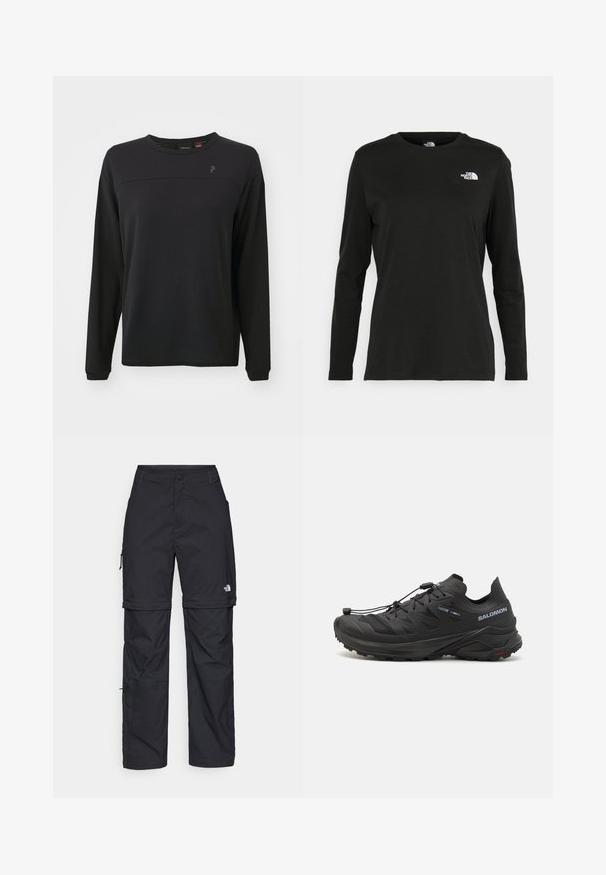 Černé tričko s dlouhými rukávy, strukturovaný materiál, kulatý výstřih a jemné logo na hrudi. Má volný střih a prošité detaily.; Černé tričko s dlouhým rukávem vyrobené z bavlny s kulatým výstřihem. Na levé části hrudi se nachází malé bílé logo. Jednoduchý design a střih.; Černé nylonové cargo kalhoty na zip s nastavitelnými manžetami, několika kapsami a logem na pravé noze. Hladká, lehká textura.; Černé trailové běžecké boty s texturovaným svrškem, síťovanými panely a bezpečným zapínacím systémem. Mají robustní podešev pro trakci.