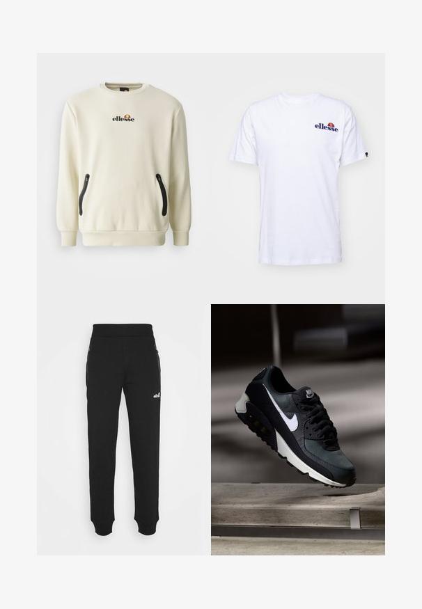 Krämfärgad sweatshirt med rund halsringning, med en logga på bröstet och två svarta dragkedjefickor på sidorna. Slät tygtextur.; Vit bomull t-shirt med korta ärmar, med en marinblå broderad logotyp på vänster bröst och en livfull färgaccent ovanför logotypen.; Svarta sweatpants i mjukt tyg har en tapered leg-design, resårmidja, sidofickor med dragkedjor och en liten logotypdetalj.; Svart och grön sneaker med ett mönstrat mesh-övre, vit swoosh-logotyp, vadderad krage och en synlig luftkudde i sulan.