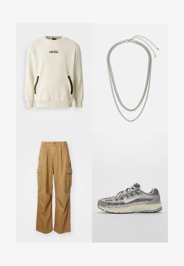Cream-colored sweatshirt with a round neckline, featuring a logo on the chest, and two black zippered side pockets. Smooth fabric texture.; Tan cargo pants with a straight leg design, featuring two side pockets and a button closure. Made from a soft, durable fabric.; Gray athletic shoe featuring a mesh and suede upper, white accents, a cushioned sole, and a distinctive design with reflective elements.; Three-layered silver metal necklace featuring sleek, flexible chains with a slight sheen, secured with a lobster clasp and adjustable chain.