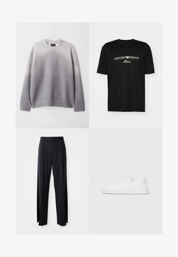 Gray sweatshirt featuring a gradient design, ribbed cuffs and hem, and a small logo on the left chest. Made from soft cotton blend material.; Black cotton T-shirt featuring a round neckline, short sleeves, and "EMPORIO ARMANI" logo in white above "Milano" in a curved design.; Black, high-waisted trousers with a wide-leg cut, made of smooth fabric. Features front pleats and belt loops. Minimalistic design, no visible hardware.; White sneaker with a smooth leather upper, rounded toe, laces, textured side accents, and a thick rubber sole. Minimalist design.