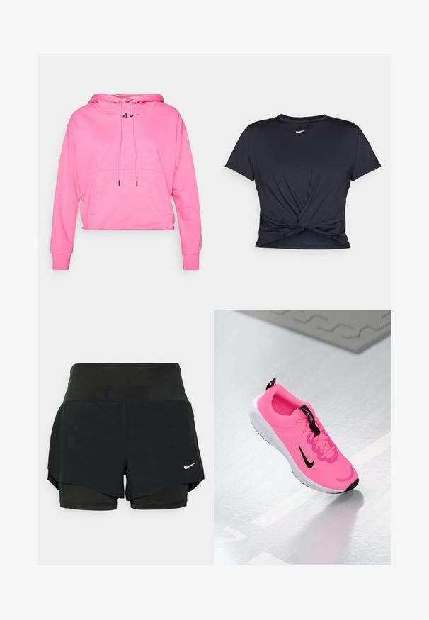 Roze cropped hoodie gemaakt van zacht materiaal, met een kangoeroezak, verstelbare koorden en een zwart Nike-logo op de borst.; Zwarte sportieve T-shirt van gladde stof, met een geknoopt ontwerp aan de voorkant en een klein wit Nike-logo op de borst.; Zwarte sportshorts met een gelaagd ontwerp, bestaande uit een binnenbroek en een buitenoverlay, gemaakt van lichtgewicht, rekbaar materiaal.; Nike hardloopschoen in felroze, met een zwart swoosh en accenten. Heeft een gladde textuur en een gevoerde witte zool. Veters zijn zichtbaar.