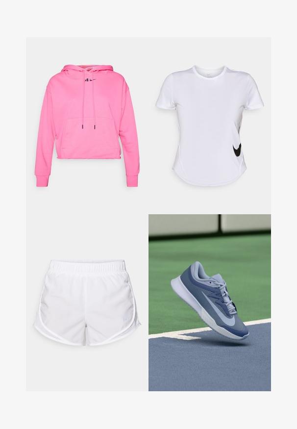 Rózsaszín, rövidített kapucnis pulóver, puha anyagból készült, kenguruzsebes, állítható zsinóros és fekete Nike logóval a mellrészen.; Fehér, rövid ujjú sportpóló sima anyagból, fekete Nike logóval a baloldalon és ívelt alsó részes kialakítással.; Fehér sportnadrág könnyű, légáteresztő anyagból. Rugalmas derékkal és hálós oldalsó panelek jellemzik, emellett egy kis kék logó díszíti.; Könnyű kék és sötétkék sportrüszke, textúrált felsőrésszel, lapos fűzőkkel és könnyű fehér talppal. Emelt pozícióban egy pálya fölött.