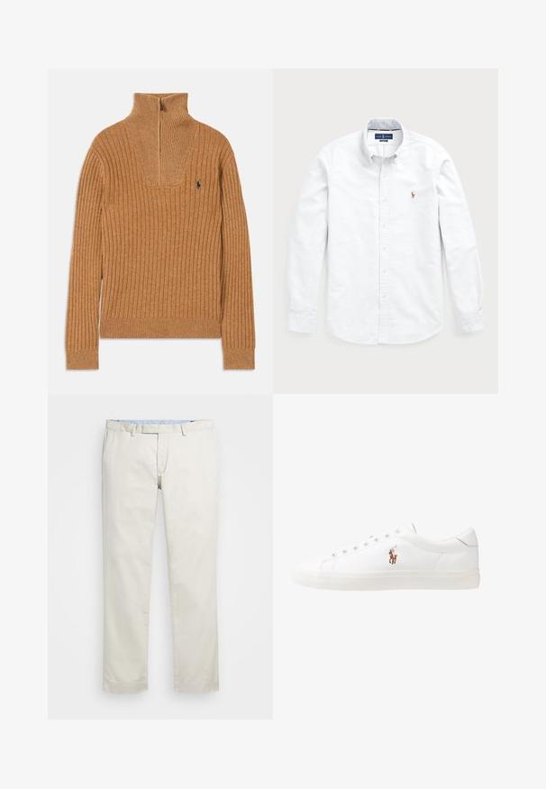 Brązowy sweter prążkowany z wysokim kołnierzem, zamek błyskawiczny na ćwierć długości i małym logo na klatce piersiowej. Miękka tekstura, dopasowany krój, długie rękawy.; Biała koszula z długim rękawem, zapinana na guziki, wykonana z bawełny. Posiada kołnierz typu spread, zapięcie na guziki oraz małe haftowane logo na piersi.; Beżowe bawełniane chinosy z płaskim przodem, szlufkami na pasek i bocznymi kieszeniami. Prosty krój z gładką fakturą i lekkim, przewiewnym uczuciem.; Białe skórzane sneakersy, niskoprofilowy design, charakteryzujące się gładką fakturą, okrągłym noskiem, sznurowanym przodem i małym haftowanym logo z boku.