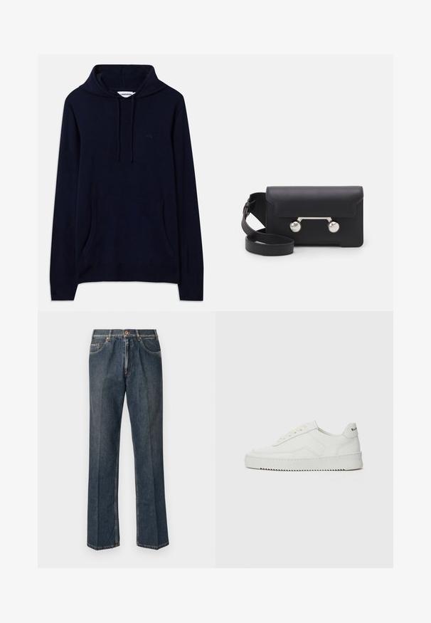 Tamsiai mėlynas gobtuvas džemperis su kengūros kišene, raukiniais ant rankovių ir apvado; pagamintas iš minkštos medžiagos, su subtiliu logotipo akcentu krūtinėje.; Pilkas trumpas rankovėmis marškinėliai, pagaminti iš minkštos, tekstūruotos medžiagos. Turi klasikinį apvalų kaklą ir tiesų apatinį kraštą, tinkamą kasdieniam dėvėjimui.; Tamsiai mėlynos tiesios kojos džinsai su priekiniais mygtukais, užtrauktuku, dviem priekinėmis kišenėmis ir matomomis vertikaliomis raukšlėmis nuo kelnių šonų.; Balti odiniai sportiniai bateliai su lygia apdaila, apvaliu pirštu, plokščiais raišteliais ir tekstūruotu padu. Pasižymi subtiliu logotipu ant kulno.; Juodas odinis kryžminis krepšys su sklendės uždarymu, sidabro spalvos detalėmis ir dviem apvaliais akcentais. Yra nusiimamas diržas. Lygus paviršius.