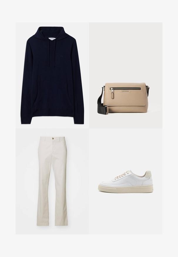 Marineblaues Kapuzensweatshirt mit Kängurutasche, gerippten Bündchen und Saum; aus weichem Material mit einem dezenten Logodetail auf der Brust.; J.LINDEBERG LOIS CLOUD PANTS - Stoffhose - moonbeam; Weiße Sneaker mit einem glatten Lederobermaterial, beigen Schnürsenkeln und einer strukturierten, beigen Wildleder-Fersenschlaufe. Erhöhte Sohle für zusätzlichen Komfort.; Beige Leder Umhängetasche mit strukturierter Oberfläche, ausgestattet mit einer Vordertasche mit Reißverschluss und einem verstellbaren schwarzen Gurt. Logo auf der Vorderseite angebracht.