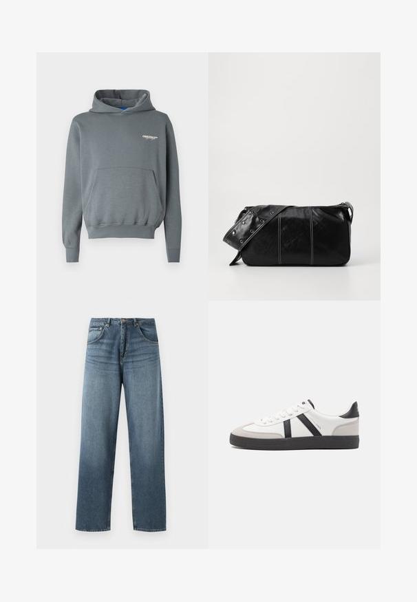 Felpa grigia in pile con tasca frontale, cappuccio con lacci, polsini a costine e un piccolo logo bianco sul lato sinistro del petto. Tessuto liscio.; Jeans in denim blu a gamba dritta con un lavaggio sbiadito, dotati di cinque tasche, bottone in metallo e passanti per cintura. Tessuto strutturato di peso medio.; Sneaker bianco con accenti neri e grigi, dotata di una punta grigia testurizzata, suola in gomma nera e lacci bianchi piatti. Design pulito, stile minimalista.; Borsa a spalla in pelle nera con chiusura a zip, caratterizzata da un corpo testurizzato, cuciture bianche e una tracolla con occhielli in argento.