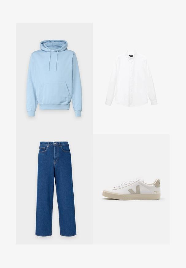 Světle modrá mikina s kapucí vyrobená z měkkého materiálu, s přední klokankou a kapucí na šňůrku. Žebrované manžety a lem.; Bílé dlouhé rukávy košile s límečkem na knoflíčky, předními knoflíky, rovním spodním lemem a měkkou bavlněnou tkaninou. Minimalistický design bez vzorů.; Široké modré džíny z denimu s vysokým pasem, pěticípým designem a kontrastním prošíváním podél švů a kapes.; Bílé kožené tenisky s béžovými akcenty, plochou gumovou podrážkou, kulatou špičkou a kontrastním logem na boku a vzadu. Šněrovací design.