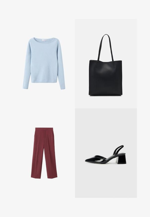 Light blue long-sleeve knit sweater with a wide round neckline, simple style, and ribbed cuffs and hem.; Maroon wide-leg trousers with a smooth texture, featuring side pockets and a high waist design. Tailored with a clean front crease.; Black patent leather slingback heels with a pointed toe and a geometric block heel. Features a sleek, minimal design and smooth texture.; Black leather tote bag with smooth texture, rectangular shape, and two long handles. No visible hardware or embellishments.