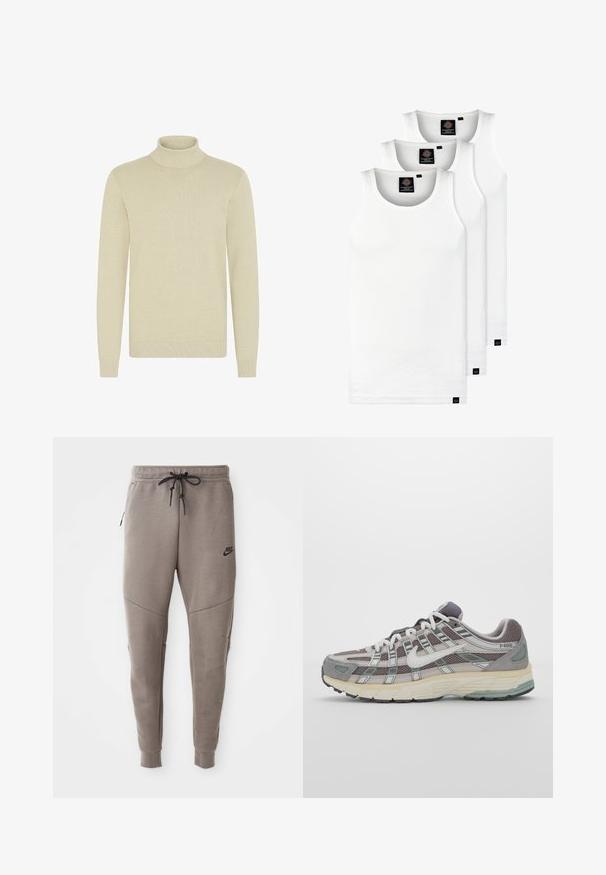 Light beige turtleneck sweater with a textured knit pattern, long sleeves, and ribbed cuffs and hem. Soft, cozy fabric.; Three white ribbed tank tops made of cotton. Features a crew neck and small black labels near the hem. Available in multiple sizes.; Gray Nike sweatpants with a drawstring waistband, tapered legs, side pockets, and distinct seam detailing. Soft, textured fabric.; Gray athletic shoe featuring a mesh and suede upper, white accents, a cushioned sole, and a distinctive design with reflective elements.