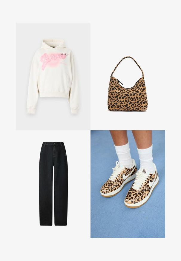 Felpa cropped di colore crema realizzata in tessuto morbido. Presenta un design grafico rosa e una tasca frontale. Include un cappuccio con cordino e polsini a coste.; Jeans a gamba larga in denim nero con vita alta, dotati di design a cinque tasche e un piccolo dettaglio ricamato sul davanti.; Sneakers Nike Air Force 1 con stampa leopardata, con lacci e swoosh bianchi, caratterizzati da una suola in gomma beige e una parte superiore testurizzata. Calze a compressione bianche visibili.; Borsa a tracolla con stampa leopardata e manico curvo, realizzata in morbido tessuto, con chiusura a zip sulla parte superiore e dettagli neri lungo i bordi.
