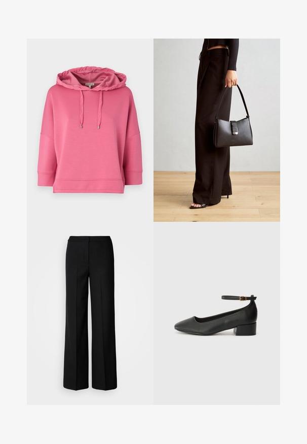 Rosa Kapuzensweatshirt aus weicher Stoffqualität. Mit lockerer Passform, weiten Ärmeln und Kordeln mit Metallspitzen.; Schwarze weit geschnittene Hosen aus glattem Stoff mit hoher Taille, taillierten Nähten und minimalistischer Gestaltung. Keine sichtbaren Beschläge oder Taschen.; Schwarze Lederpumps mit spitzem Zehenbereich und niedrigem Blockabsatz. Mit einem Knöchelriemen und einer goldfarbenen Schnalle. Glatte Textur.; Schwarze Handtasche mit strukturierter Form, glatter Textur und einem metallischen Verschluss. Kombiniert mit weiten schwarzen Hosen und offenen Sandalen auf einem Holzboden.