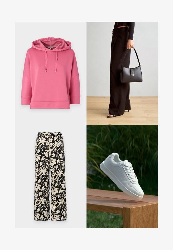Felpa con cappuccio rosa realizzata in tessuto morbido. Presenta una vestibilità ampia, maniche larghe e lacci con punte metalliche.; Pantaloni larghi neri con un motivo floreale crema. Realizzati in tessuto leggero, con una texture liscia e una vita alta.; Sneaker bianco con tomaia in sintetico liscio, punta perforata, lacci piatti e suola testurizzata, esposto su una superficie di legno.; Borsa nera con forma strutturata, texture liscia e una chiusura metallica. Abbinata a pantaloni neri larghi e sandali open-toe su un pavimento in legno.