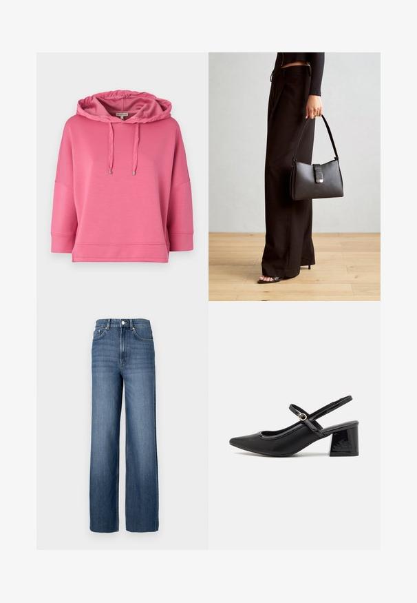 Roza kapuca s puloverjem iz mehkega materiala. Ima sproščen kroj, široke rokave in šnure z kovinskimi konicami.; Modri jeans z visokim pasom in širokimi hlačnicami. Imajo klasičen pet-pocket dizajn in detajle iz kovinskega gumba.; Črne patentne usnjene salonarce s slingback obliko, s koničastim nosom, zaobljenim izrezom in blok peto. Imajo zlato kovinsko zaponko kot dodatno okrasje.; Črna torbica z strukturirano obliko, gladko teksturo in kovinskim zaponko. Ujemajo se z širokimi črnimi hlačami in odprtimi sandali na lesenem tleh.