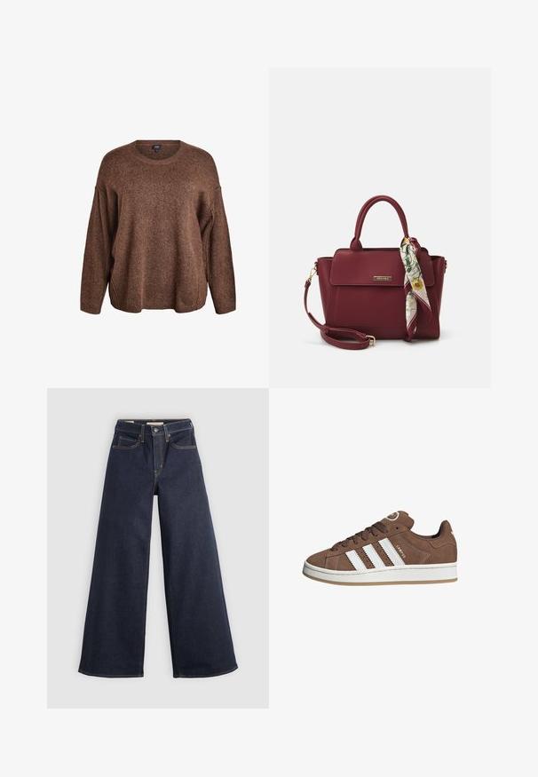 Pull en tricot marron avec un col rond, coupe décontractée, épaules tombantes et fentes latérales. Texture douce et forme légèrement ample.; Chemise blanche à manches longues à col pointu et poignets froncés, présentée sur un fond blanc uni.; Jean en denim à jambe large, bleu foncé, avec des surpiqûres contrastées. Présente un design traditionnel à cinq poches et une fermeture à bouton à la taille.; Baskets en daim marron avec des bandes en cuir blanc, semelle en caoutchouc, bout arrondi et lacets. Comprend un logo sur la languette et des accents perforés.; Sac à main bourgogne en matériau synthétique avec un design structuré, doté d'une bandoulière amovible et d'un foulard à motif floral noué au poignet.