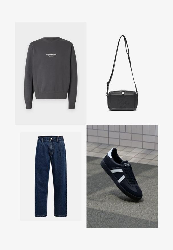 Dark gray sweatshirt with long sleeves, round neckline, and ribbed cuffs. Features a small white logo text on the chest area.; Dark blue denim jeans with a straight-leg design. Features visible stitching, a button closure, and front pleats for added detail.; Black leather sneaker with white stripes, textured rubber sole, and lace-up front. Features a branded label on the tongue.; Black leather crossbody bag with a zip closure, embossed logo on the front, and adjustable strap. Smooth texture with a rectangular shape.